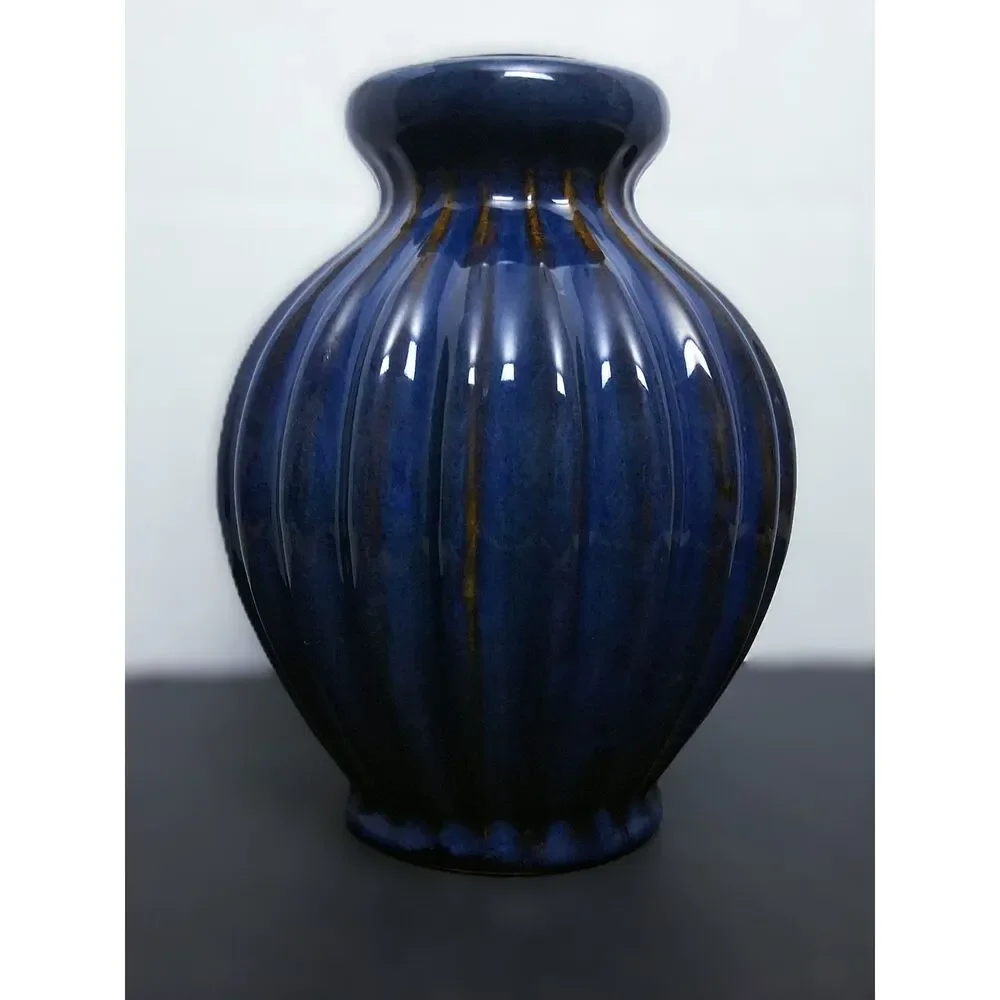 Art Pottery Style Rustic Blue Glazed Pleated Ceramic Vase Style Candleholder